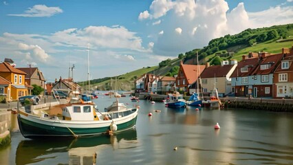 Sticker - Several boats in assorted sizes floating on a calm body of water in a seaside village, A quaint seaside village, with charming cottages and fishing boats bobbing in the harbor