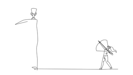 Poster - Self drawing animation of continuous line drawing businesswoman wants to achieve prizes at the peak of career. Getting resistance from all directions. Painful failure. Traitor. Full length animated