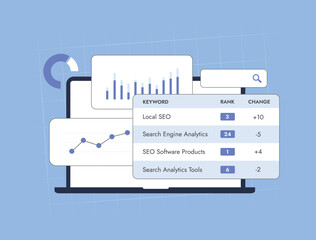 Fototapete - SEO rank tracker and ranking tool for monitoring keyword positions. Analyzing SEO performance, tracking SERP, providing search metrics, insights, rank reporting to enhance search engine optimization