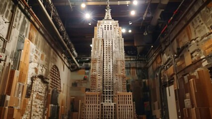 Poster - A detailed reconstruction of the Empire State Building displayed indoors, A reconstructed Empire State Building made entirely of recycled materials