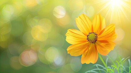 Closeup of yellow Cosmos flower on blurred green background under sunlight with copy space using as background natural flora landscape, ecology cover page concept