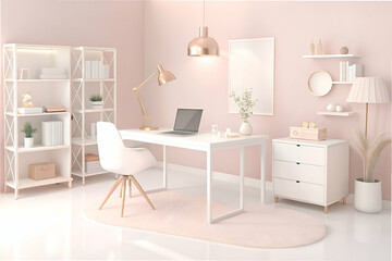 Wall Mural - sophisticated home office with pale pink walls, a white desk, and rose gold accessories