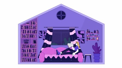 Poster - European woman with book resting at home line cartoon animation. Chilling in apartment 4K video motion graphic. Female reader in living room 2D linear animated character isolated on white background