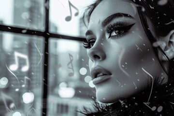 Poster - portrait of a singer with the night skyline in the background, creating a dynamic double exposure ef