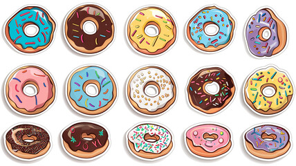 Big set of colorful donuts. Various types of donuts in glaze and chocolate, elements for design of cafe, menu, promo banner. Flat vector cartoon illustration.