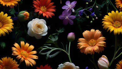 Wall Mural - Different types of flowers on a black background, naturally dried flowers on a dark background