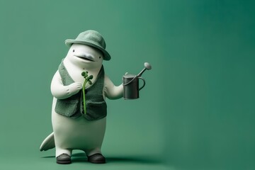 A beluga whale dressed as a gardener, holding a small watering can and a trowel, with a solid green background and copy space