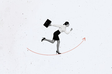 Poster - Creative poster collage of business lady run fast increase arrow fast on white color background