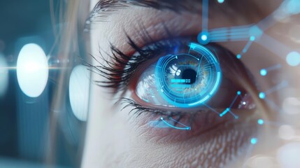 A closeup of an ophthalmologist conducting an eye exam, with a hitech HUD hologram showing eye metrics, in a sleek eye clinic, and a cinematic look, sharpened with copy space