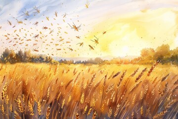 A cute watercolor of a locust swarm, flying over a golden wheat field, with the setting sun casting warm hues, in a picturesque rural landscape, clipart isolated on white