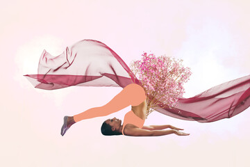 Sticker - Composite sketch image artwork photo collage of spring season nature plant flower young woman yoga pilates pose exercise tissue outdoors