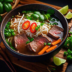 Wall Mural - A bowl of beef and vegetable soup with carrots and celery. The soup is full of flavor and is ready to be served