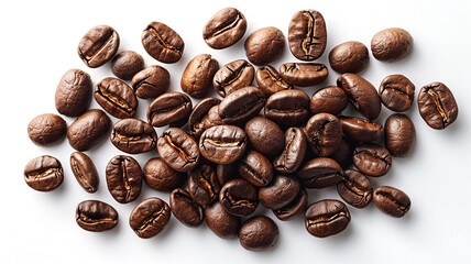 Many roasted coffee beans isolated on white, top view