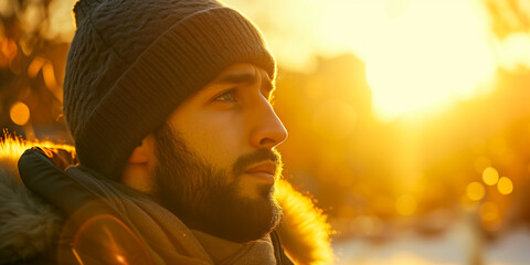 Pensive man wearing winter gear looking into distance at sunset