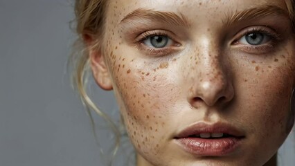 Wall Mural - Close-up of a beautiful girl with freckles on her face