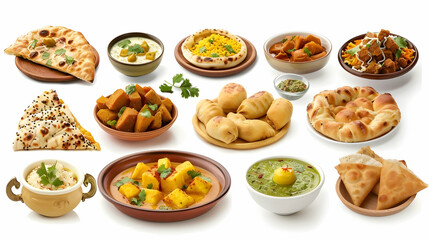 Wall Mural - Indian food, isolated on white background. curry, samosa, bread roll, pani puri, pakora, indian and desi food dishes set, Ramadan Iftar collection realistic