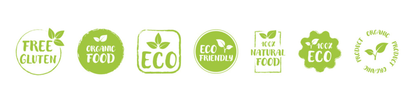 Organic icon set. Eco - vector icons. Set of Eco, Free gluten, Natural 100%, Eco Friendly, Organic product, Vegan