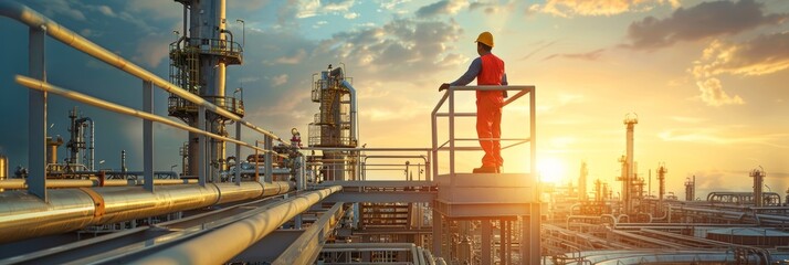 Wall Mural - A Middle Eastern engineer stands on a metal pipe, overseeing operations at an oil refinery