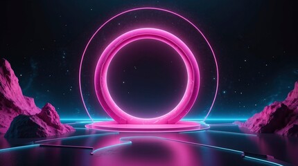 Wall Mural -  Abstract 3D render of a cosmic scene with a glowing round portal, pink and blue neon lights, an energy source, and a circular frame against a dark backdrop