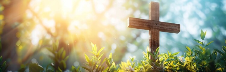 Wall Mural -  Symbol of Faith: A Walnut Wooden Cross against the Blue Sky and Sun