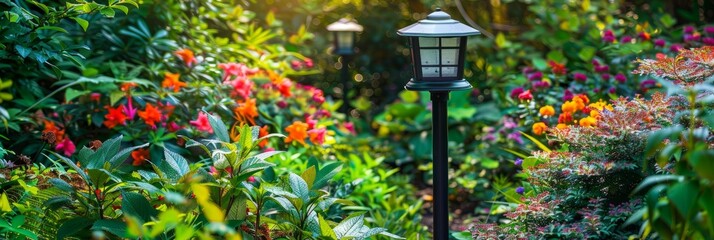 Wall Mural - A solar garden light stands in the colorful garden filled with vibrant flowers and greenery