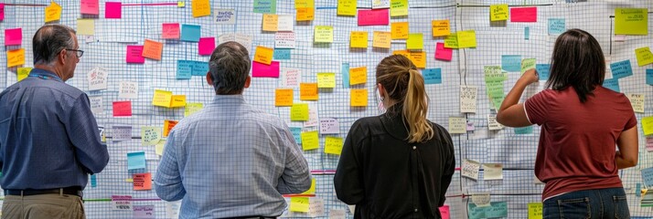 Wall Mural - Group of professionals standing in front of a wall filled with colorful post-it notes, engaged in a discussion or brainstorming session