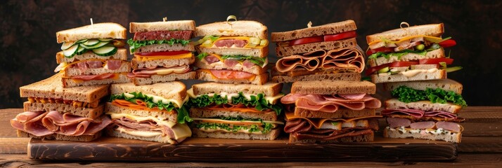 Wall Mural - A stack of various sandwiches neatly arranged on top of a wooden table