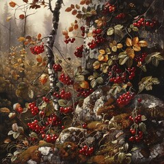 Canvas Print - Vibrant autumn forest scene with red berries and leaves