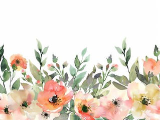 Wall Mural - Watercolor floral seamless border. Delicate flowers and leaves. Hand painted. For wedding invitations, greeting cards, fabric, wallpaper.
