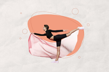 Sticker - Composite sketch image artwork photo collage of spring season nature plant flower young lady yoga balance one leg exercise tissue outdoors