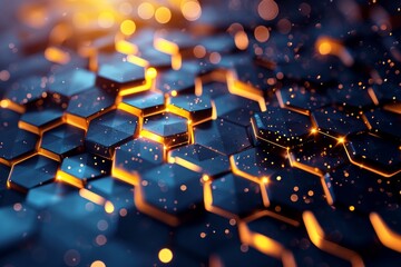 Fototapete - Abstract wallpaper  hexagon pattern with glowing lights, AI-generated