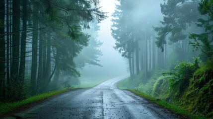 Canvas Print - The foggy forest road shrouded in mist, with tall trees on both sides, creating a mysterious and serene environment for a morning walk or drive.