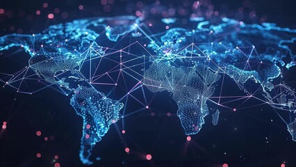 Poster - connection between economic success and technological development. digital world map with users worl