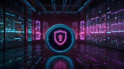 Wall Mural - digital illustration of cybersecurity and data centre protection. Shield icon with a padlock symbol neon lights. Science technology server room circuit abstract password cyber security hacker