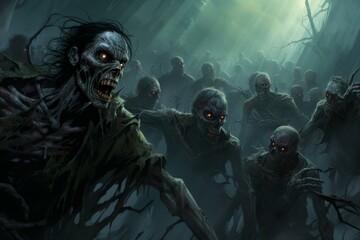 Wall Mural - Eerie digital art of a gathering of zombies emerging from a dark, misty forest