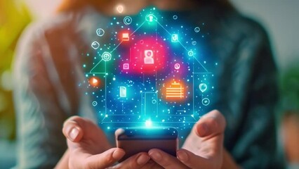 Poster - This woman holding a smart phone in her hands, looking at the screen.
