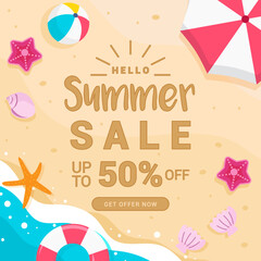 Wall Mural - Summer sale promotion vector illustration. Summer beach with seashells background.