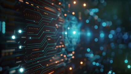 Aufkleber - This Computer circuit board lit by blue lights in background. Computer Circuit Board With Blue Lights