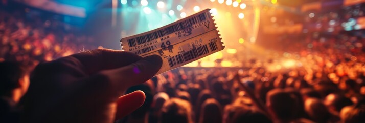 Wall Mural - A persons hand holding a pair of concert tickets in front of a dense crowd of people at an event