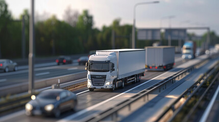 Convoy of white trucks on highway with blurred motion