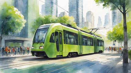 Wall Mural - Watercolor illustration of electric green tram, streetcar driving in green city downtown. Eco friendly sustainable public transport	