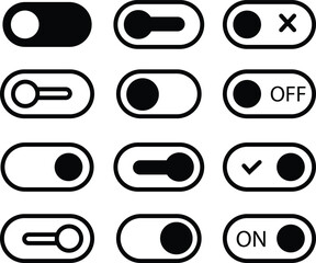 Poster - Set of Open and Close, Active and Inactive vectors icons. Black On and Off toggle switch buttons. Setting control toggle designs. Material designs switch buttons isolated on transparent background.