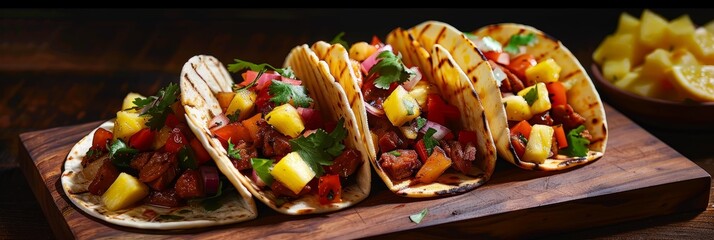 Wall Mural - Three tacos filled with Mexican cuisine sit on a wooden cutting board next to a bowl of crispy chips