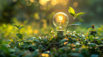 Light bulb growing in a lush green environment showcasing renewable energy