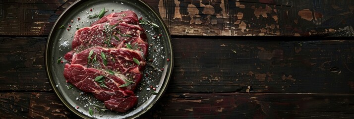 Canvas Print - Fresh raw flank bavette steak with marbled beef, herbs, and seasonings laid out on a wooden table