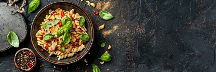 Poster - A plate of pasta topped with fresh basil leaves and pepper, showcasing a delicious gourmet tuna pasta dish from a top-down perspective
