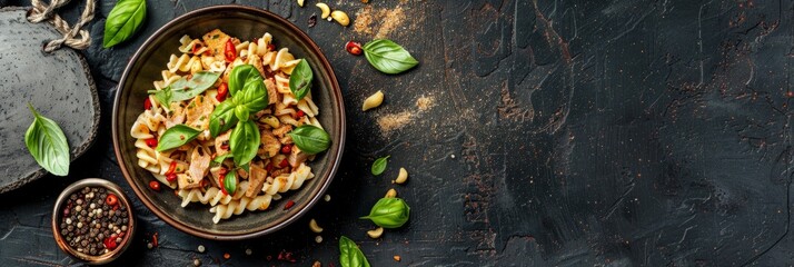 Sticker - A plate of pasta topped with fresh basil leaves and pepper, showcasing a delicious gourmet tuna pasta dish from a top-down perspective