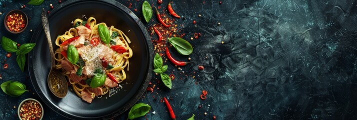 Poster - A plate of pasta topped with vegetables and sauce, including tuna, basil, and chili flakes