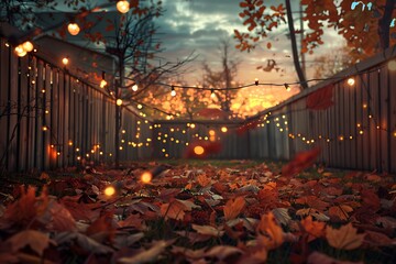 Wall Mural - A cozy autumnal scene with fallen leaves and twinkling string lights, set against a backdrop of rustic wooden fences and golden hour skies.