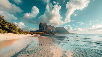 Wall Mural - Scenic tropical beach with mountains and clear blue sky